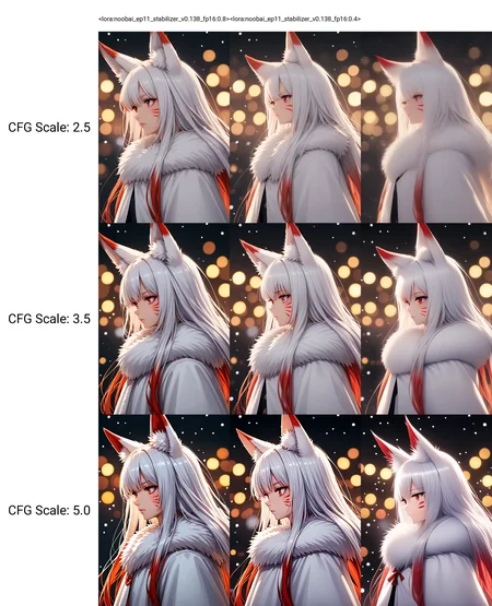 <lora:noobai_ep11_stabilizer_v0.138_fp16:0.8>1girl,fox ears,red eyes,white hair,red hair,long hair,closed mouth,multicolored hair,whisker markings,fur trim,from side,snowing,dark sky,bokeh,masterpiece,best quality,