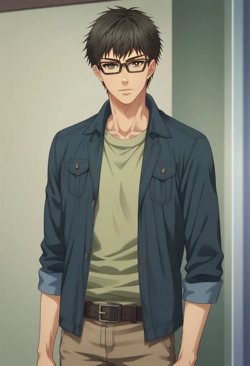 score_9, score_8_up, score_7_up, source_anime, highly detailed, slender, skinny
shimakaido, 1boy, solo, glasses, male focus, pants, brown eyes, belt, shirt, upper body, jacket, looking at viewer, green shirt, black-framed eyewear, black hair,
standing, brown pants,