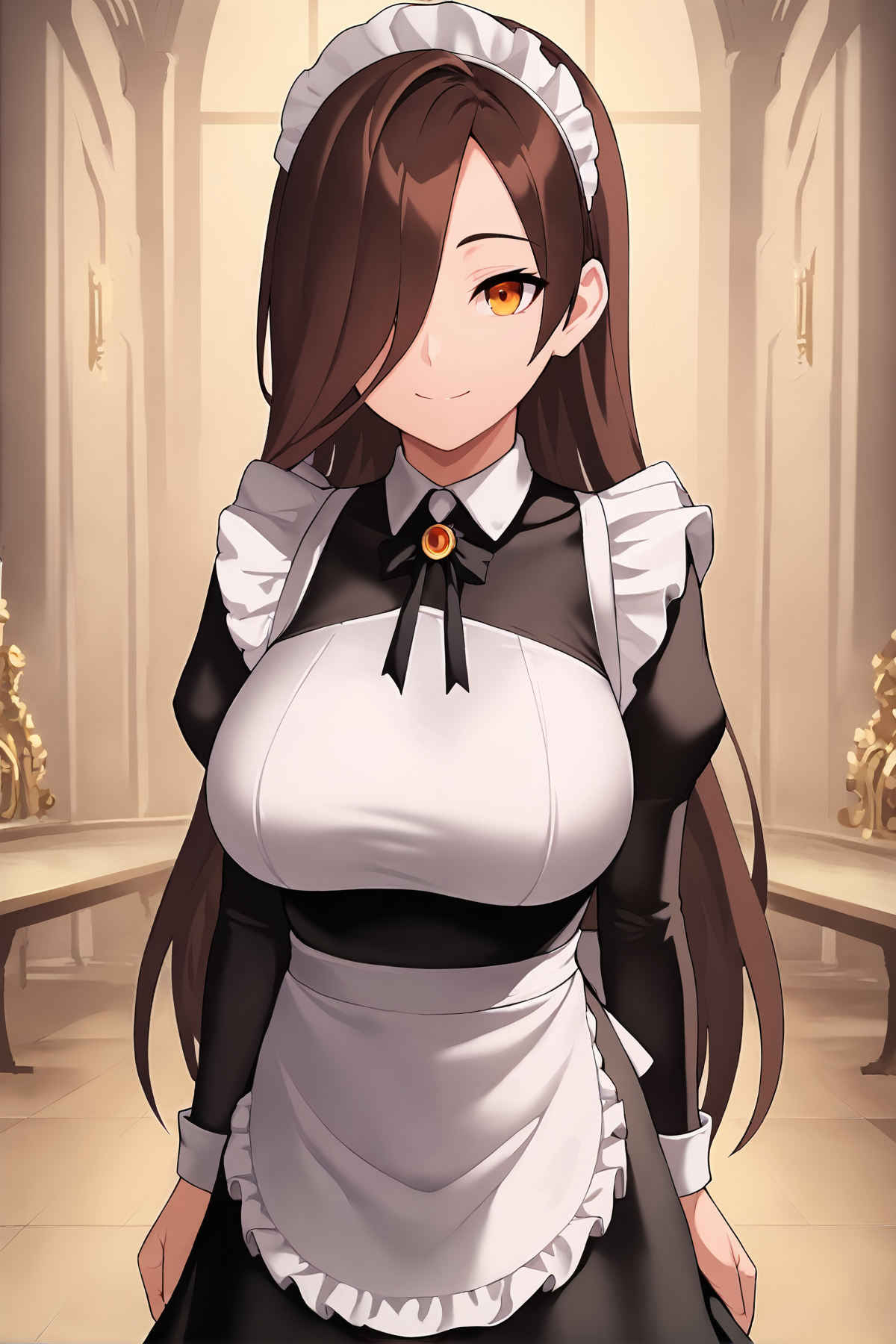 score_9, 
<lora:grimgrim_v1_pruned:1>, 
large breasts, 
maid, smile, 
long hair, brown hair, amber eyes, hair over one eye, 
cowboy shot, looking at viewer, 
rating_safe, 
high resolution, Masterpiece