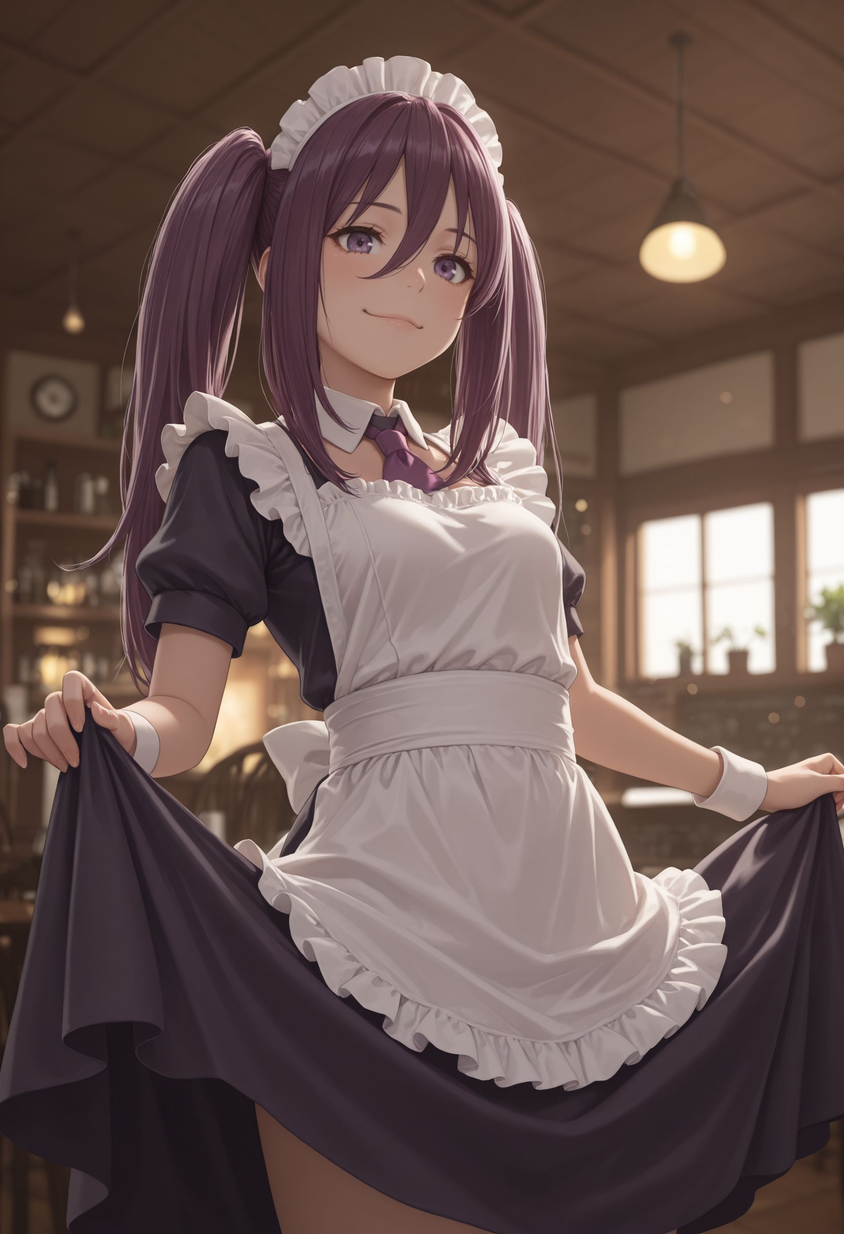 masterpiece,best quality,absurdres,highres,very aesthetic,high quality,detailed,insanely detailed,beautiful,perfect lighting, ,depth of field,blurry background,bokeh
very aesthetic, , very awa  ,   <lora:Mitori Kouzaku illu V2:1> 1girl, twintails, purple hair, long hair, hair between eyes, purple eyes, indoors,cafe,(maid:1.4),maid headdress,apron,(skirt hold:1.2),standing,cowboy shot,smile,