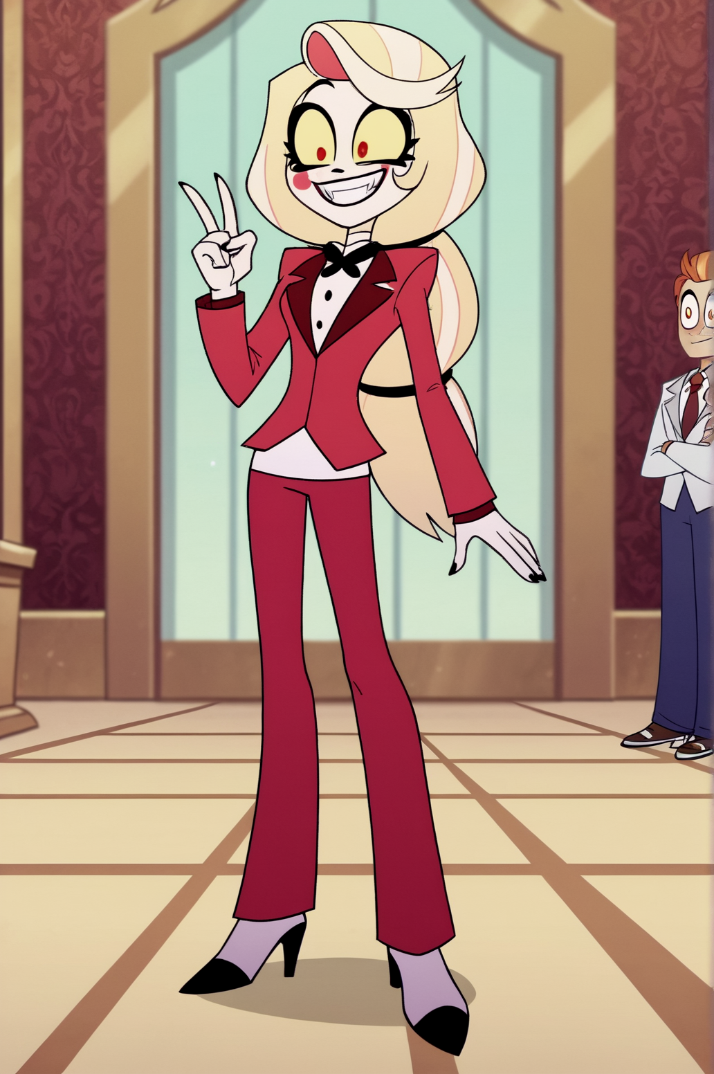 score_9, score_8_up, score_7_up,anime_source, source_anime, best background, detailed background, anime screencap,  Charlie Morningstar, Main Outfit, indoors, v fingers, grin, victory fingers, full body, horny, naughty face, luxury corridor,  <lora:JN_Charlie_Morningstar:0.8>