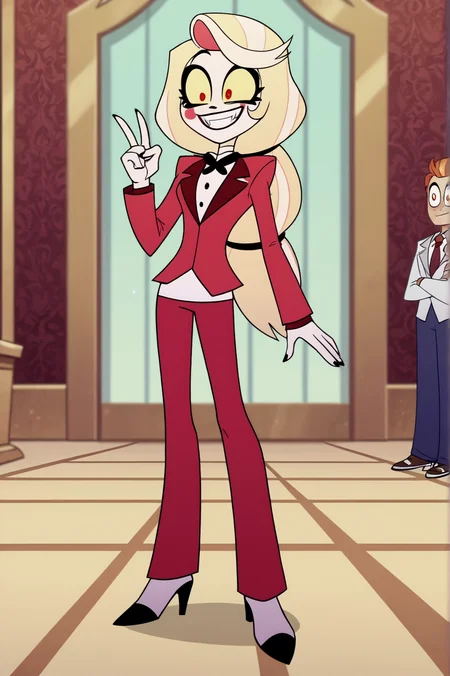score_9, score_8_up, score_7_up,anime_source, source_anime, best background, detailed background, anime screencap,  Charlie Morningstar, Main Outfit, indoors, v fingers, grin, victory fingers, full body, horny, naughty face, luxury corridor,  <lora:JN_Charlie_Morningstar:0.8>
