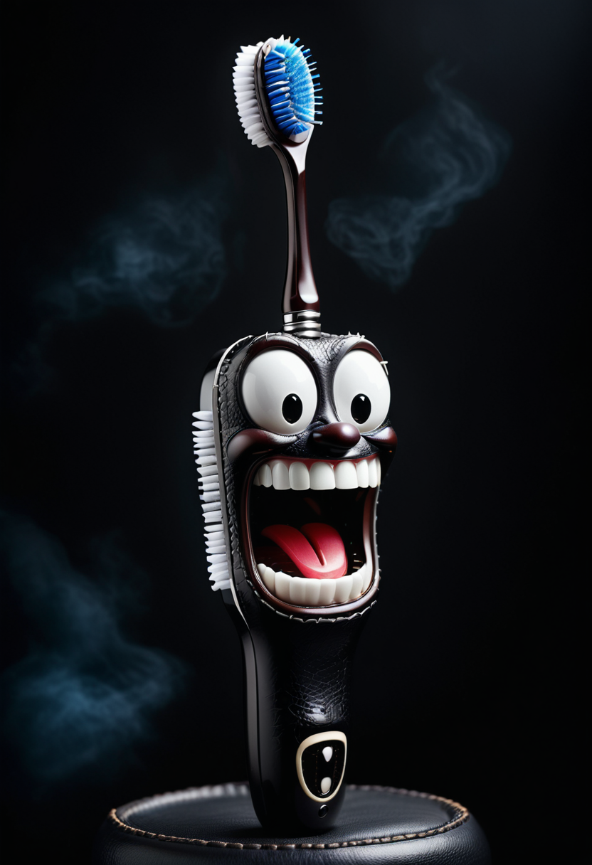 hyper realistic, dark atmosphere, surreal mood, anthropomorphic toothbrush made of dvr-lthr fusion of barometz,ceffyl dÅµr, evil smile <lora:dvr-lthr:0.8>