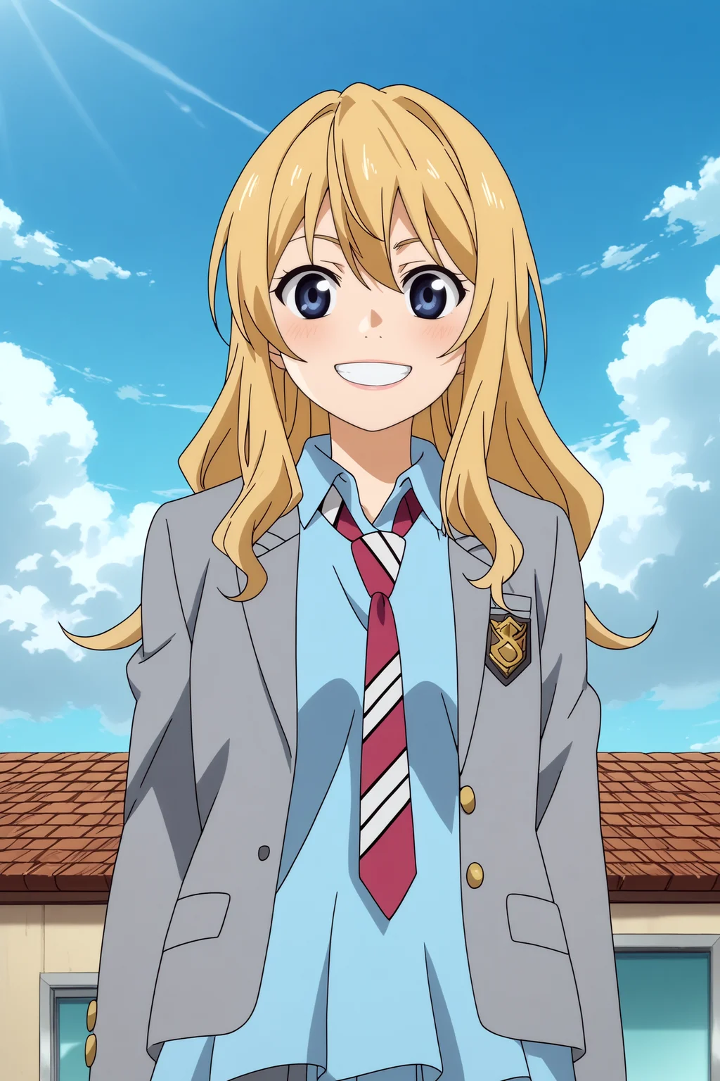 kaori miyazono,1girl,solo,long hair,school uniform,necktie,skirt,jacket,blazer,striped necktie,smile,sakuragaoka high school uniform,cowboy shot,smile,teeth,upper body BREAK outdoors,blue sky,cityscape,sunlight,bright sun,sunshine,cloudy_sky,volumetric fog, volumetric lighting, best quality Masterpiece strappado <lora:Kaori_Miyazono_-_Your_lie_in_april_Shigatsu_wa_Kimi_no_Uso.safetensors:0.8> <lora:detailed_backgrounds_v2.safetensors:0.5>