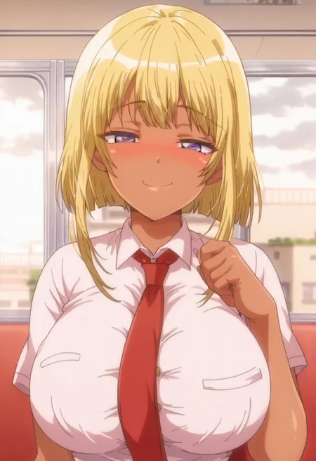 score_9, score_8_up, score_7_up,anime_source, source_anime, best background, detailed background, anime screencap, 1girl, Aliciacosta, tanned skin, blonde hair, school uniform, necktie, big breasts, smug, blush, evening, train background, indoors,<lora:JN_Alicia_Costa:0.8>