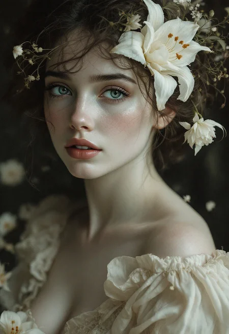 hyperrealistic art A mesmerizing portrait capturing the essence of timeless beauty ---- She was pale all over, white as linen, with long lashes, and her eyes seemed black because of the shadows beneath them; her mouth was a small, tight rose, wet with dew, and her neck rose from her bodice like a lily on its stem. She gave off an air of purity that was sensuous in its effect, a charm that seemed part of her and of the air around her French rural year 1857