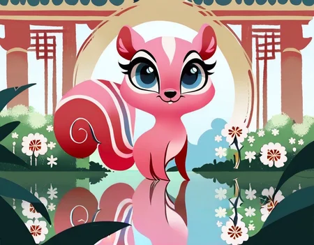 score_9, score_8_up, score_7_up, score_6_up, score_5_up, score_4_up, A pink squirrel silhouette looking over a chinese temple at night
BREAK
source_furry, sciurid, (tree:0) squirrel, pink fur, squirrel tail, white highlights, feral, big eyes, blue eyes, black pupils, long eyelashes, female, silhouette, temple, outside, sky, moon, window, reflection, pond, plant, flower
BREAK
source_furry, detailed background, amazing background, lineless, asian mythology, east asian mythology, chinese zodiac, cjk character, text, toony, sanrio, littlest pet shop \(2012\), watercolor painting, painting
