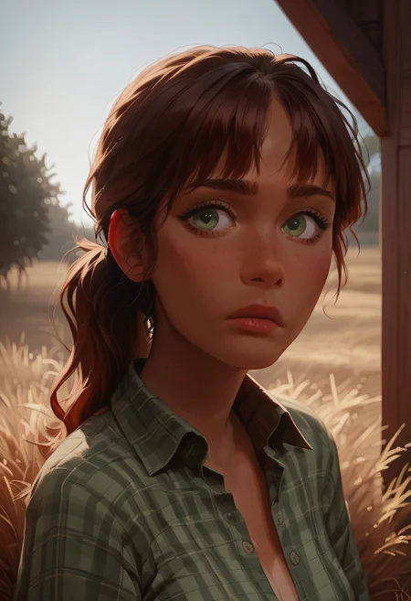 score_9, score_8_up, score_7_up, solo 1girl, (21yo girl:1.2), long wavy dark auburn hair, ponytail hair, wavy bangs, green eyes, dimples, tan lines, large round breast, standing in front of hay barn, outdoors, wearing a wide open dark emerald-green plaid work shirt, bottomless, farm field, nervous facial expression