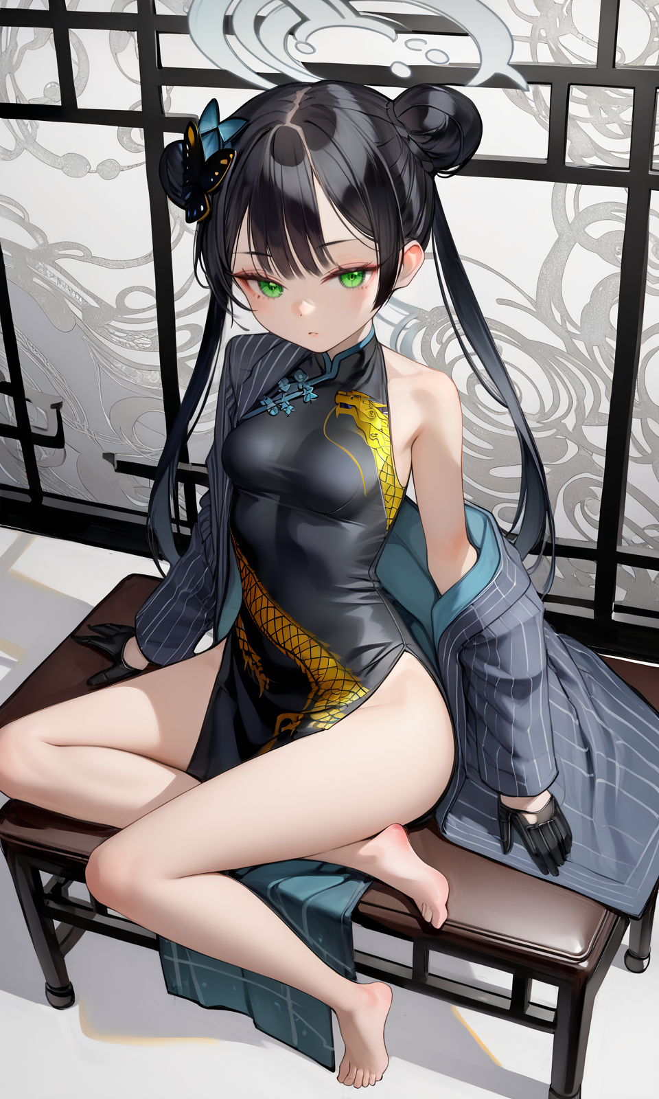 score_9, score_8_up, BREAK
1girl, bare shoulders, barefoot, black dress, black gloves, black hair, blue archive, braid, braided bun, breasts, butterfly hair ornament, chair, china dress, chinese clothes, coat, double bun, dragon print, dress, gloves, green eyes, grey coat, hair bun, hair ornament, half gloves, halo, highres, kisaki (blue archive), long hair, long sleeves, looking at viewer, off shoulder, pelvic curtain, pinstripe pattern, short dress, side slit, sitting, small breasts, solo, striped coat, twintails, vertical-striped coat, 
masterpiece, best quality, very aesthetic, absurdres, nyatabe, 
<lora:Nyatabe_Pony:1>