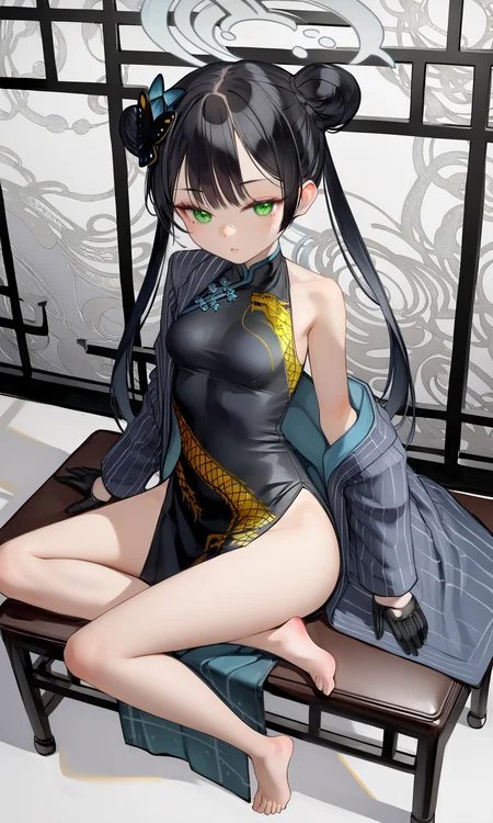 score_9, score_8_up, BREAK
1girl, bare shoulders, barefoot, black dress, black gloves, black hair, blue archive, braid, braided bun, breasts, butterfly hair ornament, chair, china dress, chinese clothes, coat, double bun, dragon print, dress, gloves, green eyes, grey coat, hair bun, hair ornament, half gloves, halo, highres, kisaki (blue archive), long hair, long sleeves, looking at viewer, off shoulder, pelvic curtain, pinstripe pattern, short dress, side slit, sitting, small breasts, solo, striped coat, twintails, vertical-striped coat, 
masterpiece, best quality, very aesthetic, absurdres, nyatabe, 
<lora:Nyatabe_Pony:1>