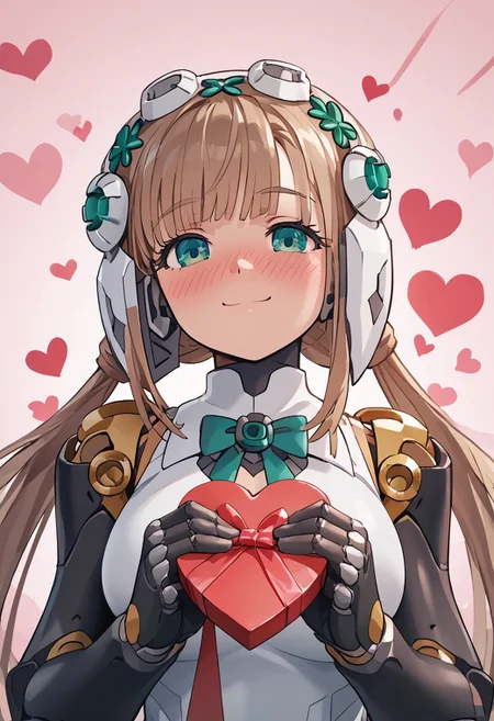 score_4,score_5,score_6,score_7_up,score_8_up,score_9 ((masterpiece,best quality,ultra detailed,highres,HD,4k:1.2)),
1girl, solo,solo focus,girl focus,face focus,
robo girl,android,robot joints,very long hair,brown hair,low twintails,bangs,green eyes,head gear,head ornament,helmet,large breasts,
upper body,
pov,from the front, front view, front angle,
Happy Valentine's Day, Valentine's chocolate, holding wrapped chocolate,
heart background,
full face blush,Embarrassing,smile,closed mouth,