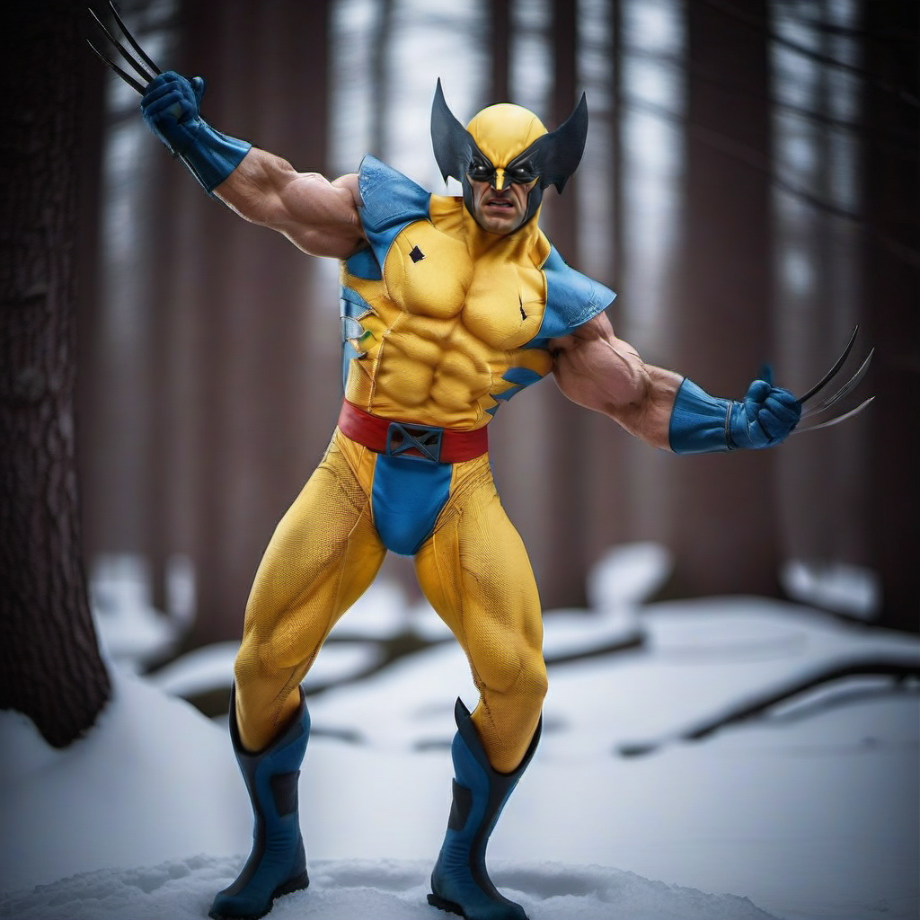 WolverineV2-1024, a man dressed as wolverine,side view, in winter canadian forest, highly detailed, photography, ultra sharp, film, bokeh, professional, 64k  <lora:WolverineV2-1024-000350:0.8>