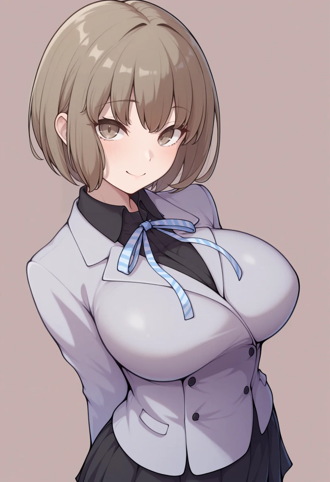 masterpiece, best quality, solo, 1girl, looking at viewer, smile, <lora:Io-illus_Fp:1>, iodesu2, short hair, brown hair, brown eyes, school uniform, ribbon, collared shirt, black skirt, black shirt, large breasts,