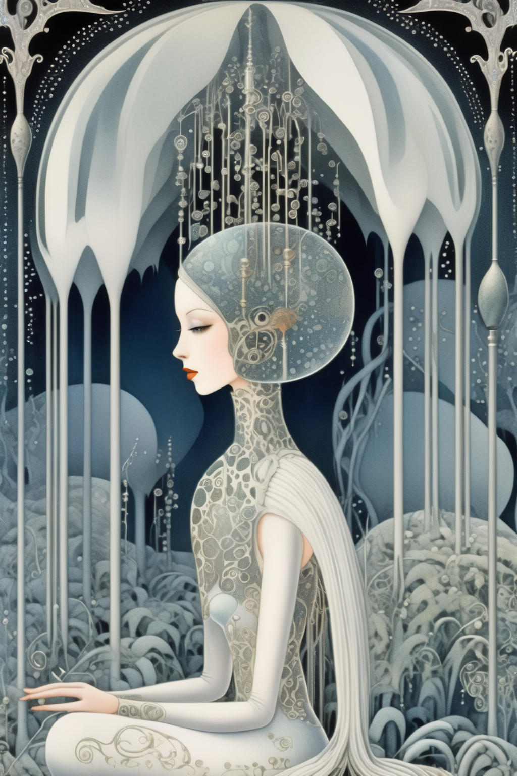 <lora:Kay Nielsen Style:1>Kay Nielsen Style - A photorealistic rendering of a scene with beautiful android, in the style of a book illustration