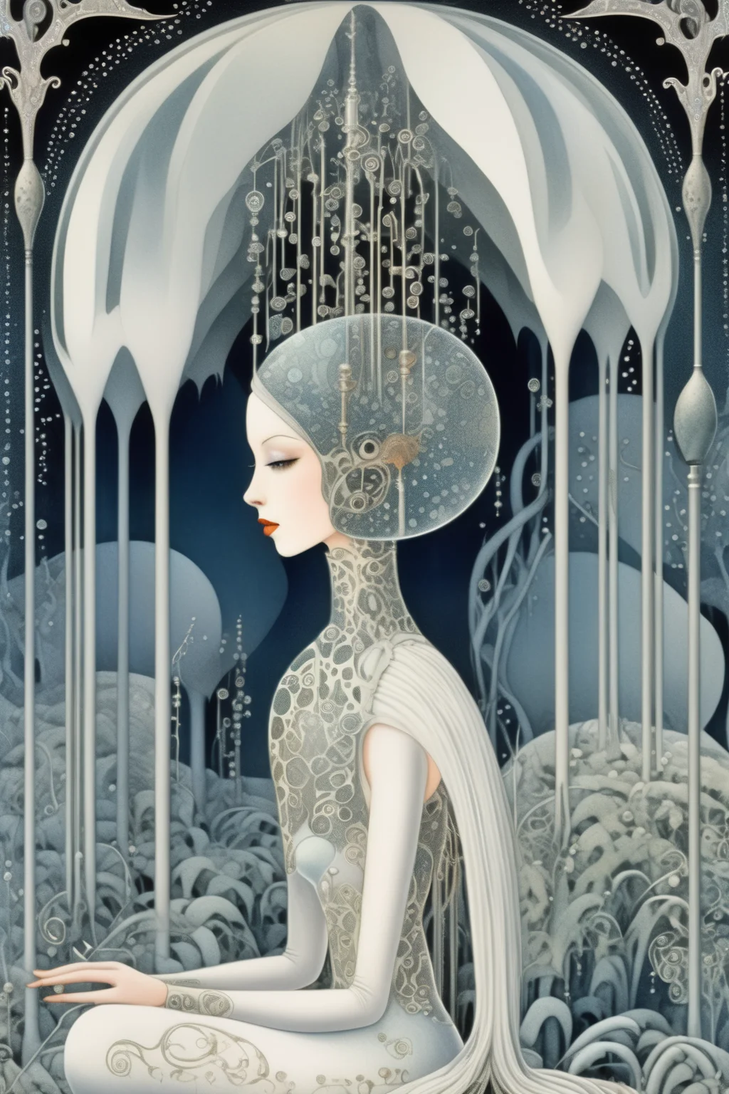 <lora:Kay Nielsen Style:1>Kay Nielsen Style - A photorealistic rendering of a scene with beautiful android, in the style of a book illustration