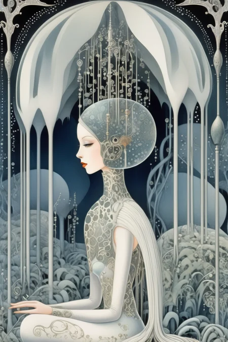 <lora:Kay Nielsen Style:1>Kay Nielsen Style - A photorealistic rendering of a scene with beautiful android, in the style of a book illustration