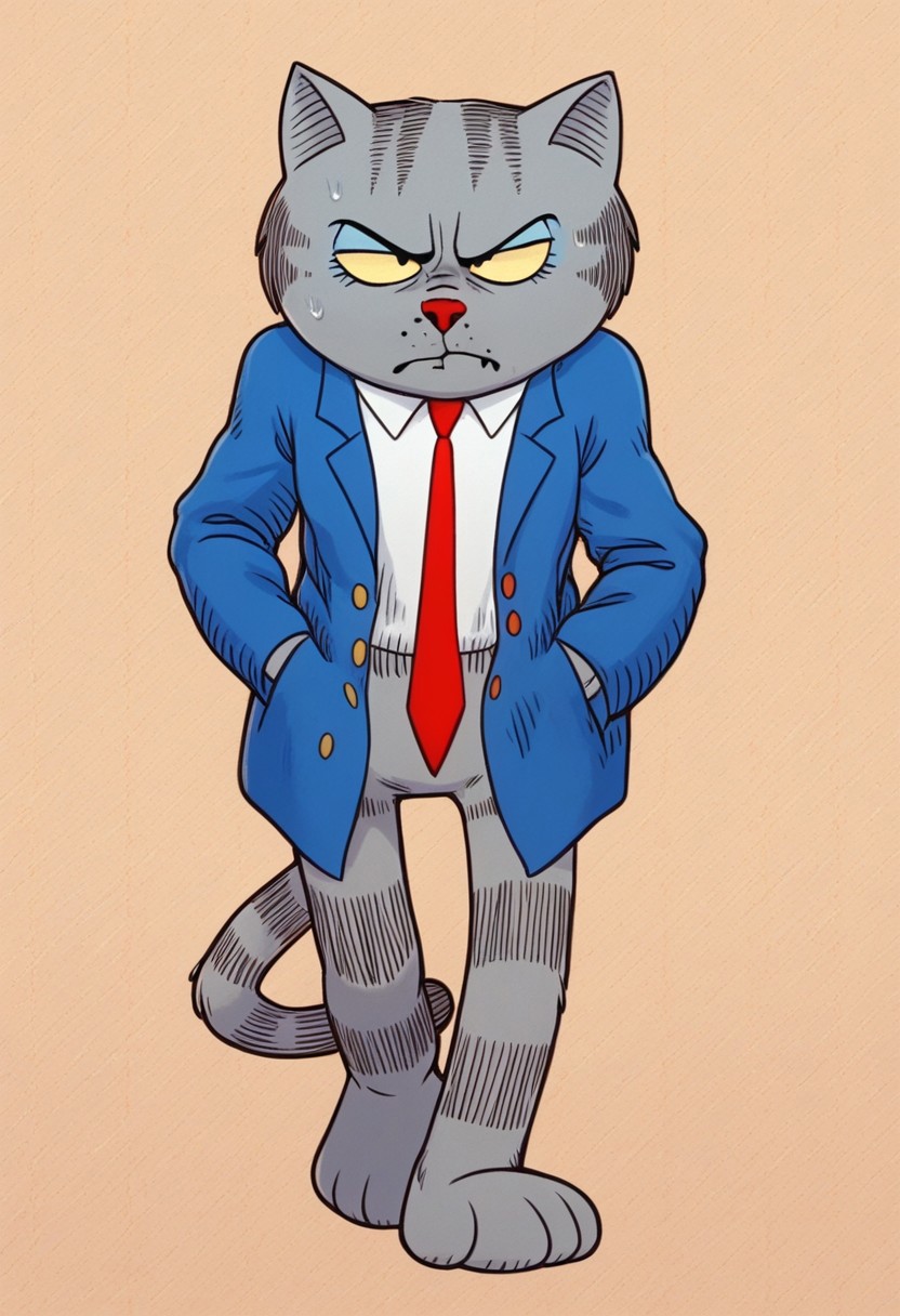 score_9, 1boy, furry, feline, fritz the cat, gray fur, blue suit, white collared shirt, red tie, hands in pockets, annoyed face, walking, front view, pattern background