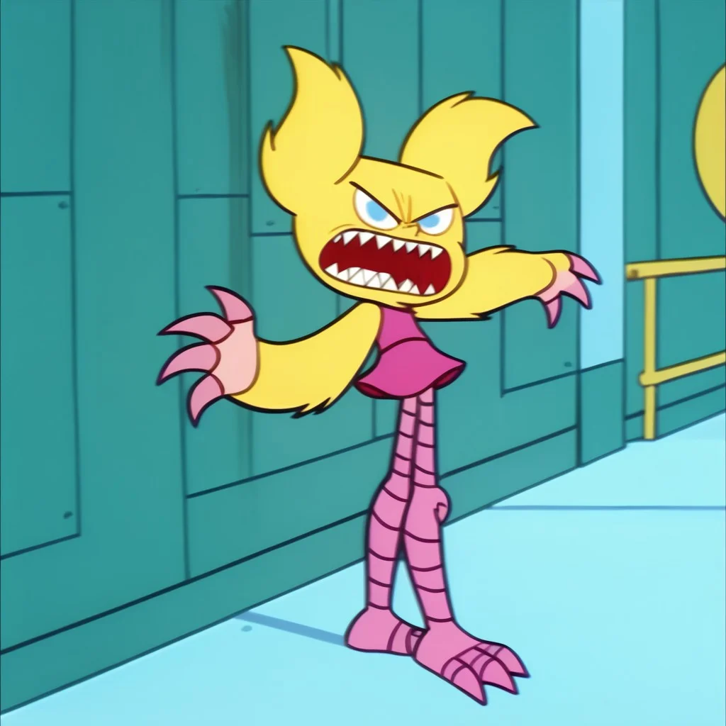 score_9, score_8_up, score_7_up BREAK DeeMon, 1girl, blonde fur, light blue eyes, sharp pointy teeth, pink claws, pink legs, sleeveless pink dress, flatshaded, flatshading, flat shading, screenshot, official art, parody, cartoon footage, official design, screencap, cartoon screenshot, official screenshot, 2d, cartoon, source_cartoon, solo, solo focus, angry at viewer, full body,