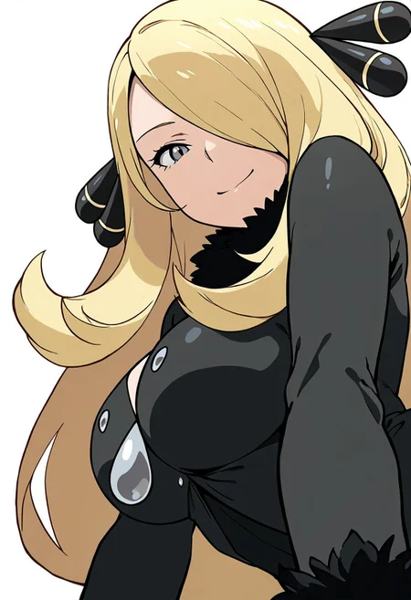 masterpiece, best quality, solo, curvy, beautiful eyes, girl, solo, smile, looking at viewer, dynamic pose, from below, (fisheye), foreshortening, close up, (leaning forward, eye focus, side view),
(upper body), white background,
zzCynthia, solo, 1girl, blonde, long hair, black coat,