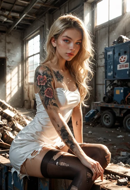 score_9, score_8_up, score_7_up, realistic,photorealistic, 1girl, beautiful young Russian female, blonde hair, blue eyes, standing in an abandoned industrial warehouse, looking at viewer, wearing a sexy white tight dress, torn black stockings, sitting on a rusted metal beam, one leg bent, the other extended, body slightly leaning forward, hand resting on thigh, body covered in dirt and bruises, intricate tattoos on her arms and shoulders, broken windows casting dim light on her skin, scattered debris and machinery around, post-apocalyptic atmosphere, ultra-realistic style, highly detailed textures, natural lighting, soft shadows, highlights, seductive pose, confident expression, <lora:Dramatic Lighting Slider:2>, <lora:t4tsXLP:1>