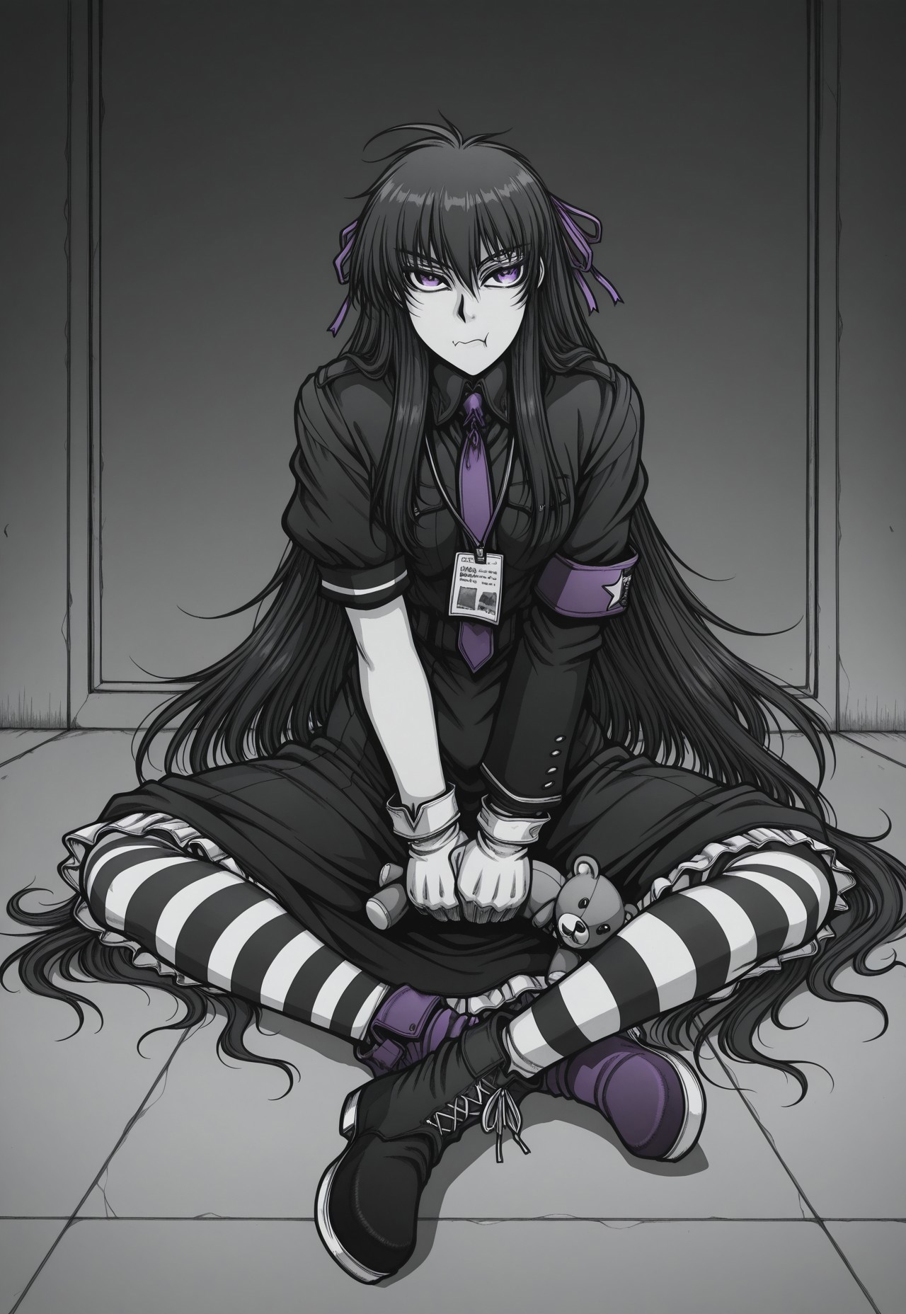 masterpiece, best quality, amazing quality, very aesthetic, absurdres, DriftersEASY, 1girl, solo, female focus, black hair, very long hair, ahoge, pink hair ribbons, purple eyes, pale skin, black frilled dress, asymmetrical sleeves, uneven sleeves, purple necktie, star \(symbol\), lanyard, white gloves, mismatched gloves, white sash, striped thighhighs, mismatched footwear, full body, looking at viewer, pout, holding stuffed animal, sitting, on ground, greyscale, monochrome,