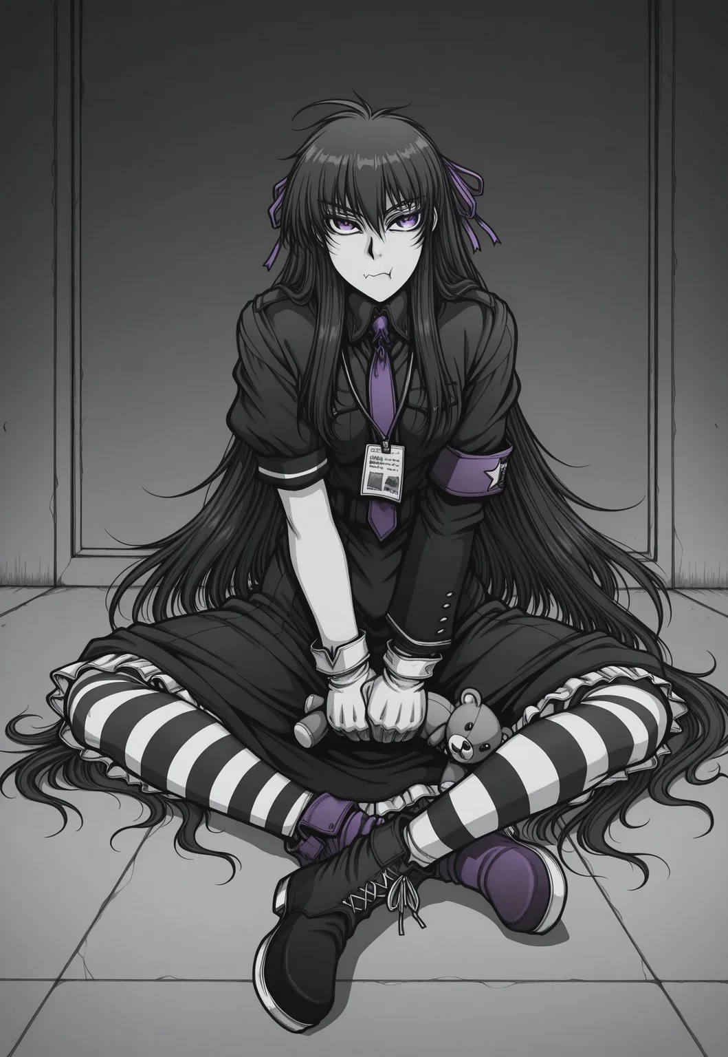 masterpiece, best quality, amazing quality, very aesthetic, absurdres, DriftersEASY, 1girl, solo, female focus, black hair, very long hair, ahoge, pink hair ribbons, purple eyes, pale skin, black frilled dress, asymmetrical sleeves, uneven sleeves, purple necktie, star \(symbol\), lanyard, white gloves, mismatched gloves, white sash, striped thighhighs, mismatched footwear, full body, looking at viewer, pout, holding stuffed animal, sitting, on ground, greyscale, monochrome,