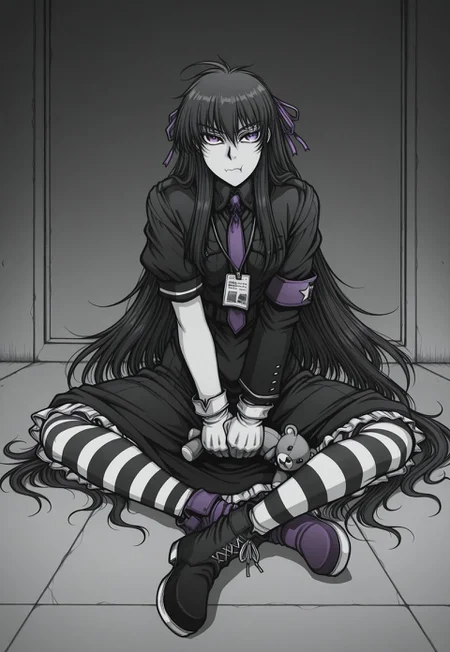 masterpiece, best quality, amazing quality, very aesthetic, absurdres, DriftersEASY, 1girl, solo, female focus, black hair, very long hair, ahoge, pink hair ribbons, purple eyes, pale skin, black frilled dress, asymmetrical sleeves, uneven sleeves, purple necktie, star \(symbol\), lanyard, white gloves, mismatched gloves, white sash, striped thighhighs, mismatched footwear, full body, looking at viewer, pout, holding stuffed animal, sitting, on ground, greyscale, monochrome,