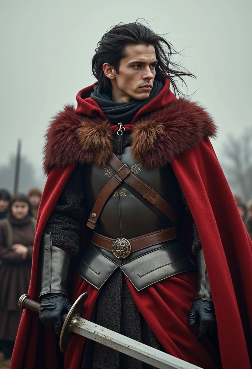 He was cloaked and booted as if for a journey on horseback; and although his garments were rich and handsome, they were stained with long travel. His dark hair was shorn about his shoulders, he was clad in a coat of mail, and girt with a great long-sword, and he looked at them as if to challenge them to strike. He seemed older and more kingly, yet more like a soldier than before.
His hood was cast back, and his dark hair was blowing in the wind, a light was in his eyes: a king returning from exile to his own land.