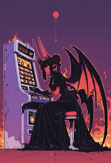 score_9, score_8_up, score_7_up, masterpiece, best quality, very aesthetic, 1woman, incoth, (incase:0.6), detailed face, (dynamic:1), infernal demon, huge horns, huge wings, gown, black outfit, black gloves, crimson skin, flames, black carapace, sitting at slot machine, playing slot machine, lever, (casino background:1), sideview, Flatline, Flat vector illustration, outline,