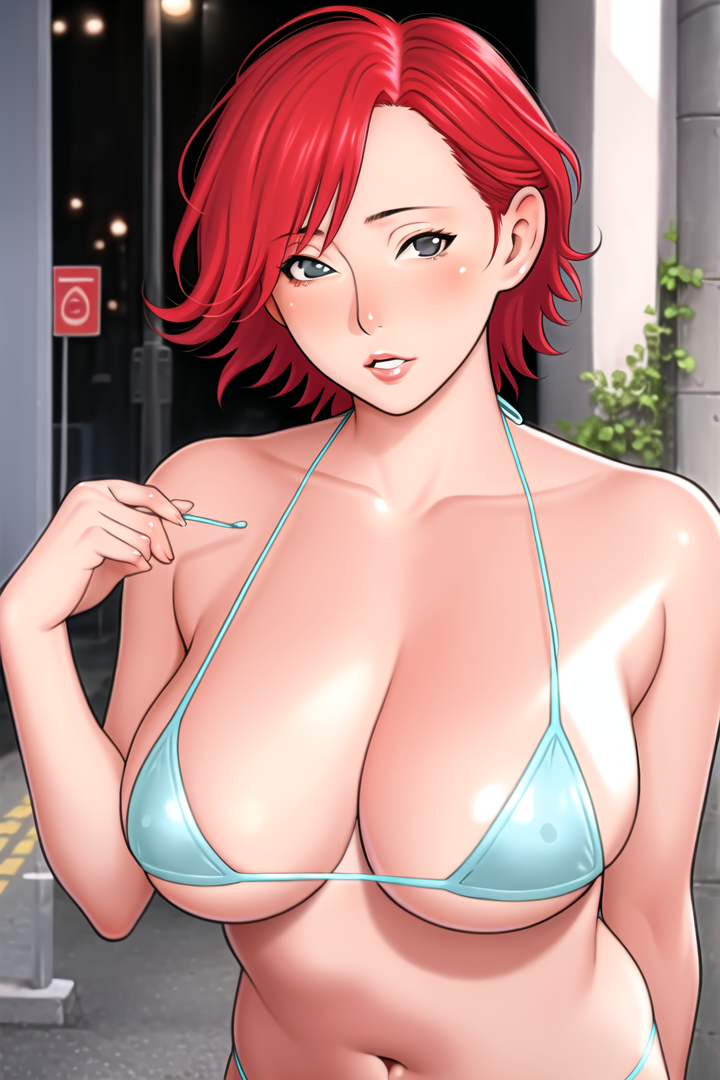 a beautiful woman, Light blue micro bikini, Strawberry Red hair, head_out_of_frame, street, realism, <lora:Takasugi Kou:0.7>