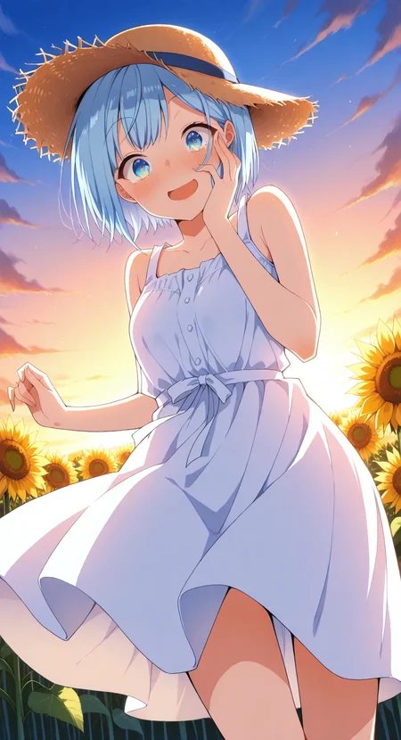masterpiece, cute, lovely, (best quality:1.3), (amazing quality:1.3), high gradient eyes, very aesthetic, (1girl), (solo), flushed, (Aya_Style), close mouth, smile, Himari_Inuzuka, blue eyes, light blue hair, short hair, excited, BREAK, sunflower field. sunflower plantation, sunset, smile, BREAK, summer dress, summer hat, white dress, straw hat, sunset, cowboy shot, view from below, wind_lift, dynamic angle, (surprise, surprised face, one hand on face, take by surprise, pretending to be surprised), expressions surprise