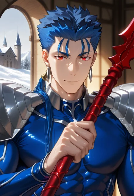 //General, masterpiece,best quality,amazing quality, source_anime, intricately detailed illustration, very aesthetic, absurdres, newest, anime coloring, subsurface scattering, , natural lighting, Expressiveh, detailed skin, shiny skin,aesthetics light, depth of field, vibrant colors,
//Fashion, black shirt, long sleeves,
//Background, castle interior, indoors, snow background outside the window,
//Others, 1boy, male focus, solo male, manly body,
//Action, looking at viewer, light smile, close up, upper body,
BREAK,
lancer_fsn, cu chulainn \(fate\), blue hair, red eyes, long hair, ponytail, spiked hair fate/stay night earrings, jewelry armor, shoulder armor, pauldrons weapon, polearm, spear, holding, holding weapon, holding polearm