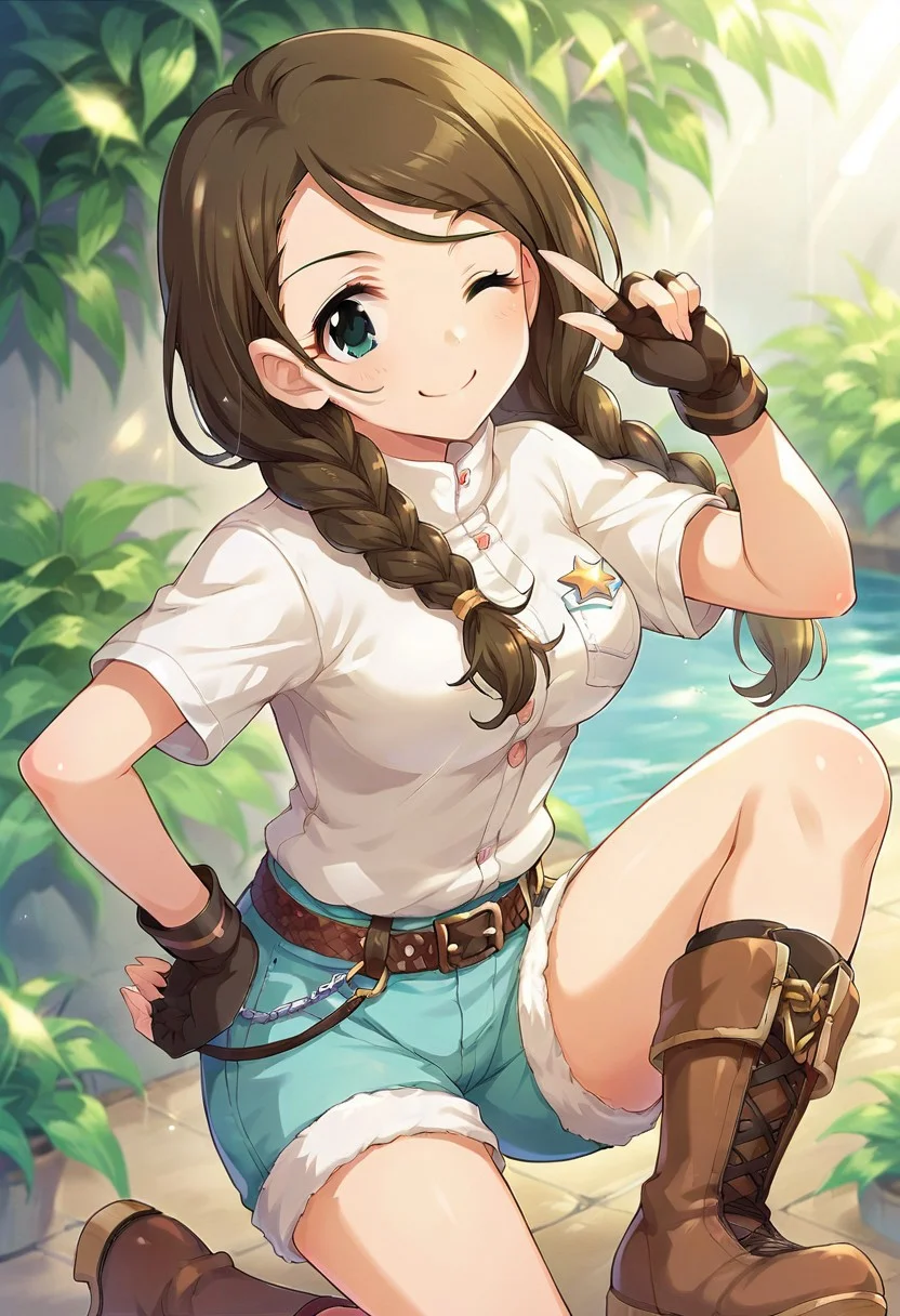 score_9, score_8_up, score_7_up, source_anime,akanishi erika, long hair, brown hair, twin braids, green eyes, 1girl, solo, shorts, boots, one eye closed, braid, gloves, fingerless gloves, hand on hip, smile
