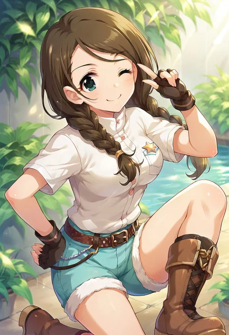 score_9, score_8_up, score_7_up, source_anime,akanishi erika, long hair, brown hair, twin braids, green eyes, 1girl, solo, shorts, boots, one eye closed, braid, gloves, fingerless gloves, hand on hip, smile