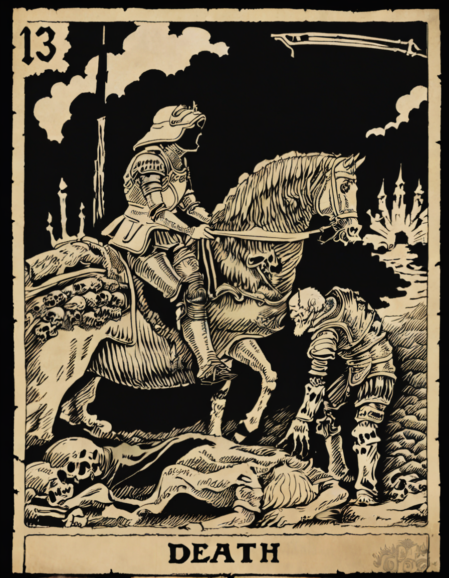<lora:wdct-000007:0.8>black border, grim reapor in armor on horse, old man with crown, piles of skulls, creature, number 13 and the word "death",
