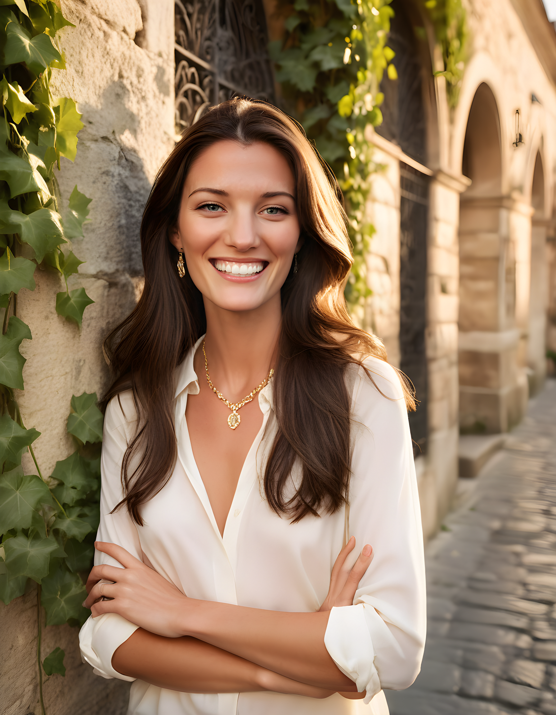 A5HL3YH, In a vibrant, sunlit Italian piazza during the afternoon, a captivating woman with long, dark brown hair cascading down her shoulders and a radiant smile revealing perfectly white teeth, adorned in exquisite jewelry, poses elegantly while gazing directly at the viewer from a slightly elevated angle. The soft evening light bathes her in warm, golden tones as she wears a simple yet stylish shirt, her hands folded gently in front of her chest against the cool stone wall of an ancient, ivy-covered building that serves as a picturesque backdrop to this stunning portrait.
