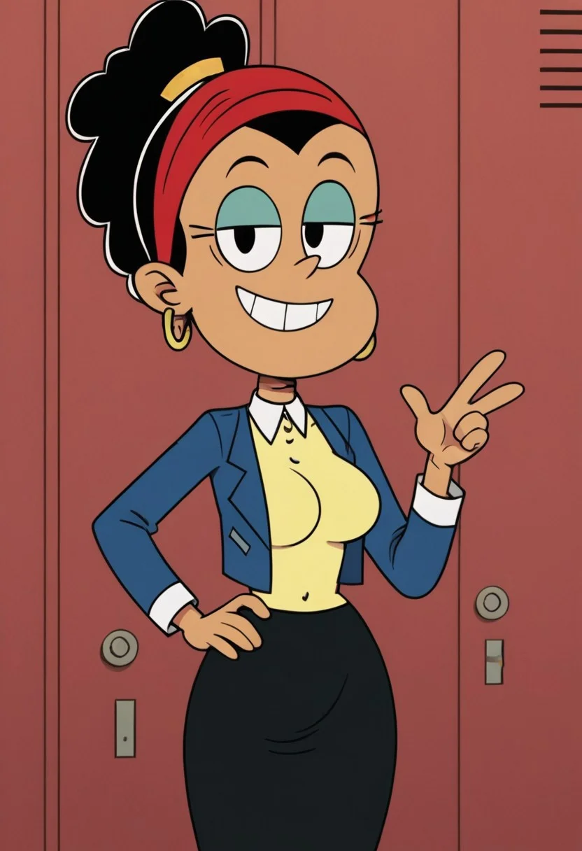 ((room background)), score_9, score_8_up, score_7_up,score_6_up,
1girl, solo, PrincipalRamirez_TLH, light brown skin, black hair, hair bun, black eyes, red headband, gold hooped earrings, light yellow shirt, dark blue jacket, black pencil skirt, red flat shoes, smile, perfect smile, tall, perfect eyes, looking at viewer, big breasts, standing, (bust shot) five fingers, perfect hands, (hand on hip, hand up)