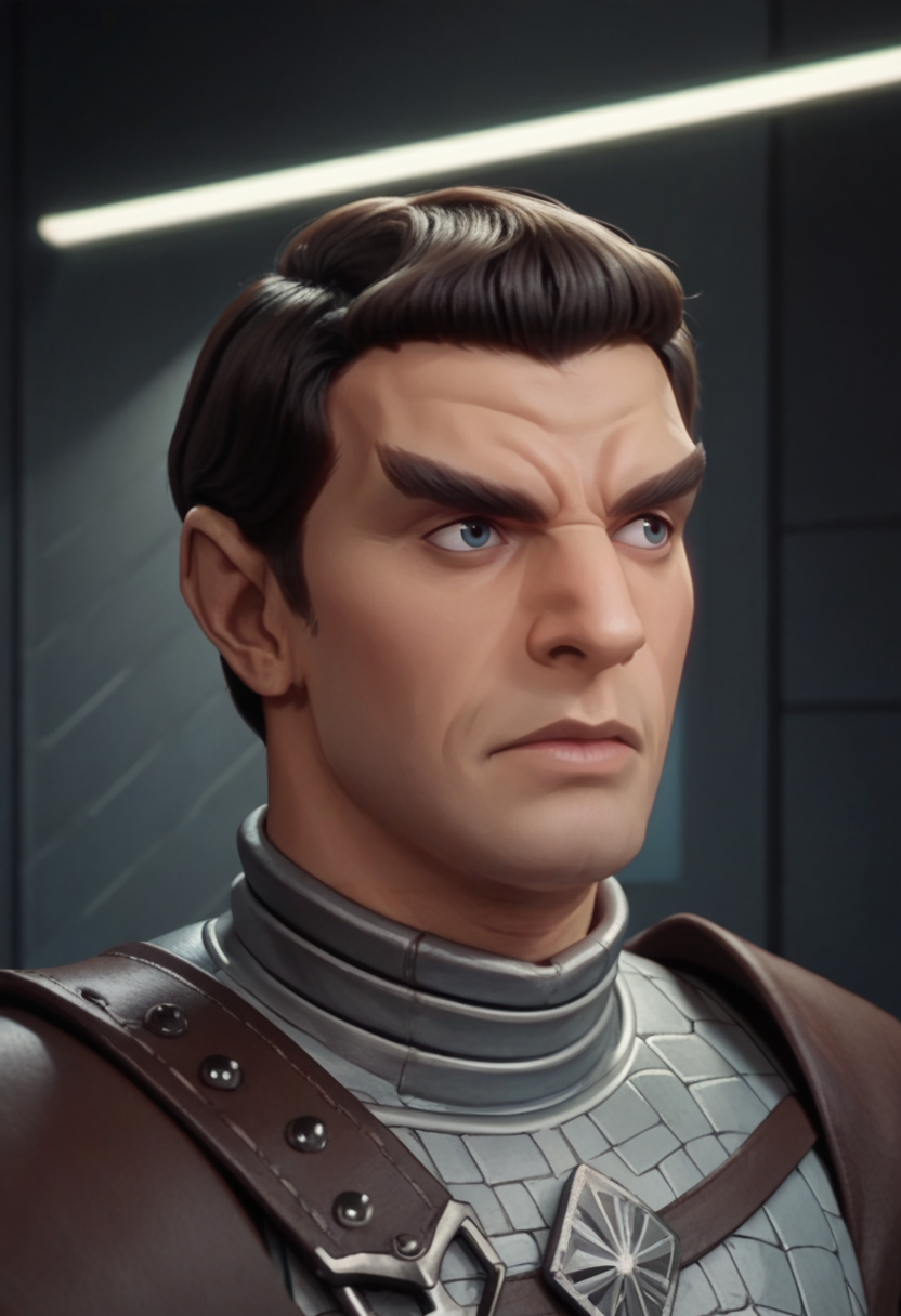 score_8, 1boy, solo, romulan, romulan male, brow ridge, sharp eyebrows, romulan ears, scifi leather armor, scifi city background, looking at another, portrait,  <lora:Romulan:0.7>
