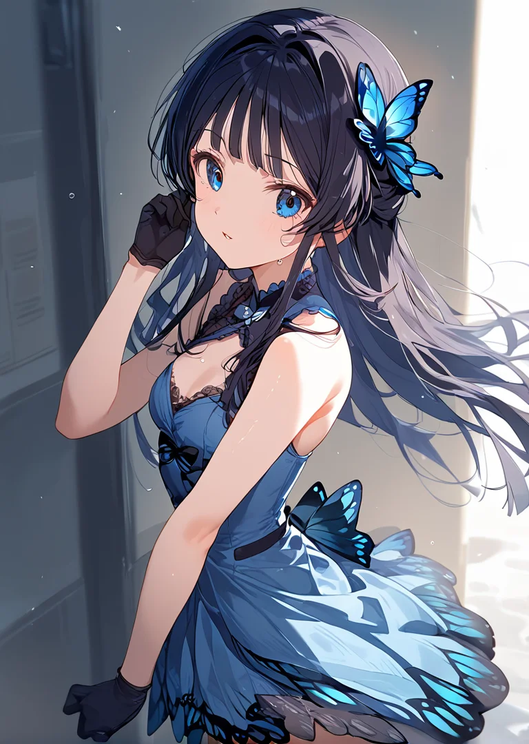 1girl, shizuka mogami\(m@ster miu\), bangs, black hair, blue eyes, long hair, dress, blue dress, sleeveless, bow, butterfly hair ornament, butterfly ornament, gloves, black gloves, hair ornament, idol clothes,
cowboy shot, looking_at_viewer,
<lora:shizuka_mogami_pony_no_v2:0.8> <lora:no-style:0.8>, score_9, score_8_up, score_7_up, source_anime, BREAK, high_res,