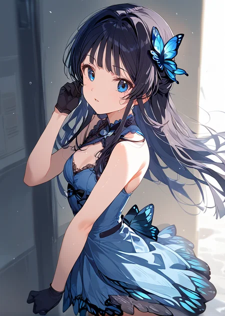 1girl, shizuka mogami\(m@ster miu\), bangs, black hair, blue eyes, long hair, dress, blue dress, sleeveless, bow, butterfly hair ornament, butterfly ornament, gloves, black gloves, hair ornament, idol clothes,
cowboy shot, looking_at_viewer,
<lora:shizuka_mogami_pony_no_v2:0.8> <lora:no-style:0.8>, score_9, score_8_up, score_7_up, source_anime, BREAK, high_res,