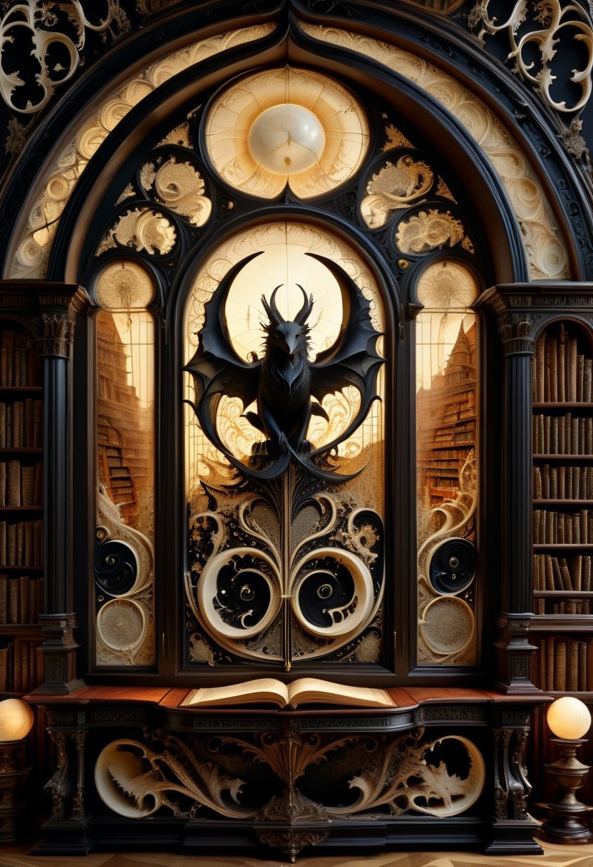 A majestic, fantastic beast made entirely of Ebony and Ivory Scrimshaw, emerging from the glowing pages of an ancient open book. The creature has intricately carved, contrasting black and white surfaces, with delicate scrimshaw etchings of mythical scenes across its body. It is mid-transformation, as if coming to life from the book’s parchment, with swirling magical energy and floating ink symbols around it. The setting is a grand, dimly lit library filled with towering wooden shelves, leather-bound tomes, and shafts of warm, golden light filtering through high arched windows. Dust particles hang in the air, catching the light, as the surreal moment unfolds in stillness and awe.
fantasy art, hyper-realistic, high detail, magical realism, atmospheric lighting, cinematic, SDXL