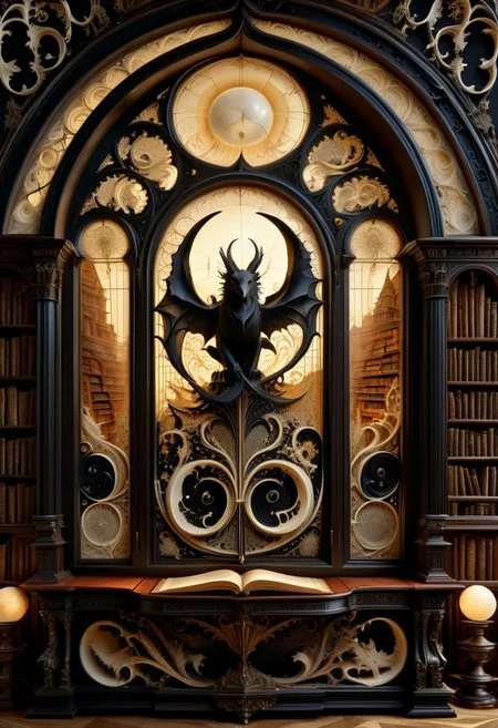 A majestic, fantastic beast made entirely of Ebony and Ivory Scrimshaw, emerging from the glowing pages of an ancient open book. The creature has intricately carved, contrasting black and white surfaces, with delicate scrimshaw etchings of mythical scenes across its body. It is mid-transformation, as if coming to life from the book’s parchment, with swirling magical energy and floating ink symbols around it. The setting is a grand, dimly lit library filled with towering wooden shelves, leather-bound tomes, and shafts of warm, golden light filtering through high arched windows. Dust particles hang in the air, catching the light, as the surreal moment unfolds in stillness and awe.
fantasy art, hyper-realistic, high detail, magical realism, atmospheric lighting, cinematic, SDXL