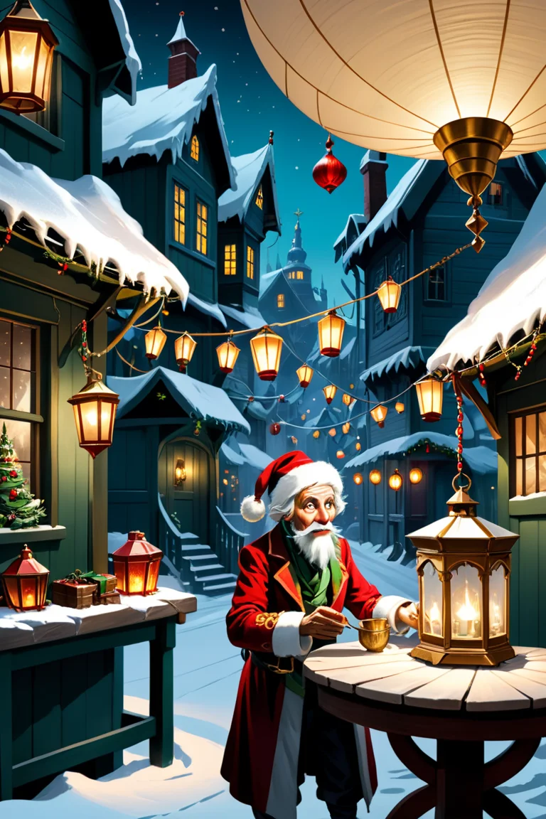north pole scenes, jacob marley, rolls,lanterns, tranquil and serene, sputnik chandeliers, scenes of people giving and receiving acts of kindness