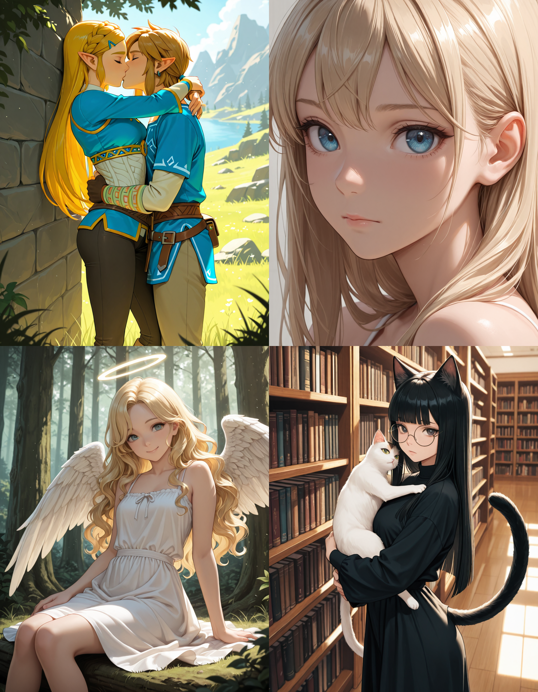 https://civitai.com/articles/8642 __ 1st image: masterpiece, best quality, 1girl, 1boy, princess zelda, the legend of zelda: breath of the wild, standing, kiss, hug, closed eyes, outdoors __ 2nd image: masterpiece, best quality, 1girl, face, portrait, looking at viewer, closed mouth __ 3rd image: masterpiece, best quality, 1girl, solo, blonde hair, wavy hair, angel, angel wings, halo, smile, sitting, forest, white dress __ 4th Image: masterpiece, best quality, 1girl, solo, long hair, black hair, blunt bangs, straight hair, round eyewear, cat girl, cat ears, cat tail, standing, hug, cat, looking at viewer, library