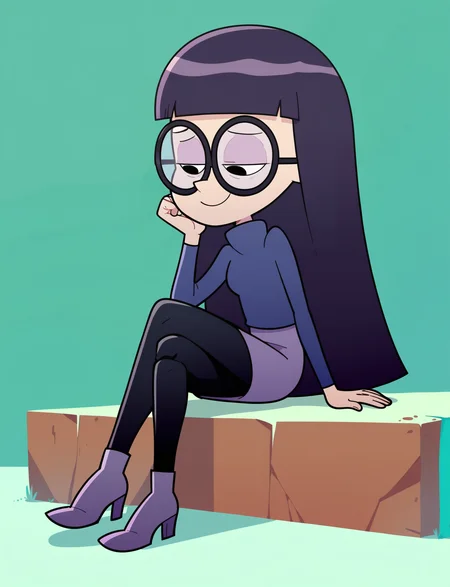 score_9, score_8_up, score_7_up, score_6_up, score_5_up, score_4_up, 1girl, <lora:Pandora_Les_filles_de_dad:0.9> pandora, glasses, long hair, turtleneck sweater, purple footwear, skirt, black pantyhose, long hair, blunt bangs, smile, half-closed eyes, solo, crossed legs, arm rest,