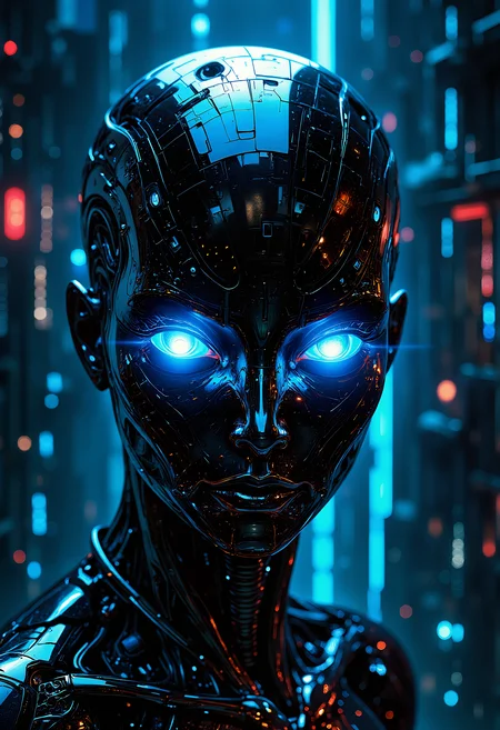 A surreal image of a human face, where the skin is replaced by a metallic, reflective surface, gleaming under bright lights. The eyes are vivid neon blue, glowing unnaturally. The background is filled with data streams and futuristic circuitry, giving the impression of a cybernetic consciousness. The atmosphere is sleek, cold, and highly technological, resembling a scene from a futuristic dystopia.    <lora:FluxMythP0rtr4itStyle:0.8> MythP0rt, <lora:aidmaImageUpgrader-FLUX-V0.1:0.33> detailmaximizer,  <lora:artilands:0.77>