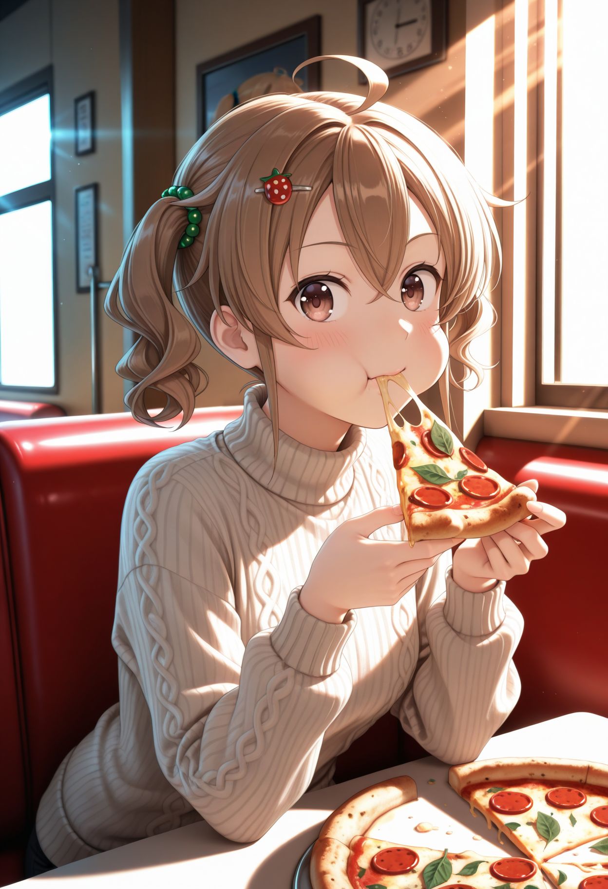 masterpiece,best quality,absurdres,highres,very aesthetic,high quality,detailed,insanely detailed,beautiful,perfect lighting, looking at viewer,
 <lora:Kimie Nagasawa :1> short hair, brown hair, twintails, ahoge, hair between eyes, hair ornament, food-themed hair ornament,   eating pizza, biting, holding, sideways glance, [leaning forward, action], [sitting], blush, cheek bulge, diner, seating, morning, backlighting, light rays, window shadow, turtleneck, knit sweater,