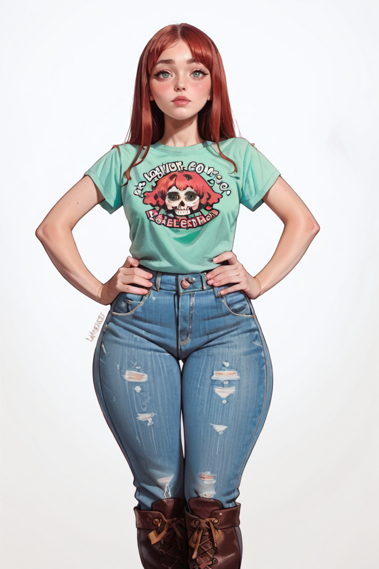 <lora:RealMix20:1>, score_9, score_8_up, score_7_up, score_6_up, score_5_up, rating_questionable, source cartoon
1girl, pretty face, pretty eyes, detailed eyes, HD eyes, thick thighs
hands on hips, standing, cowboy shot
looking at viewer, blush, eyebrows, long hair, red hair, green eyes jeans, green t-shirt, boots, high waisted jeans
simple background, white background
