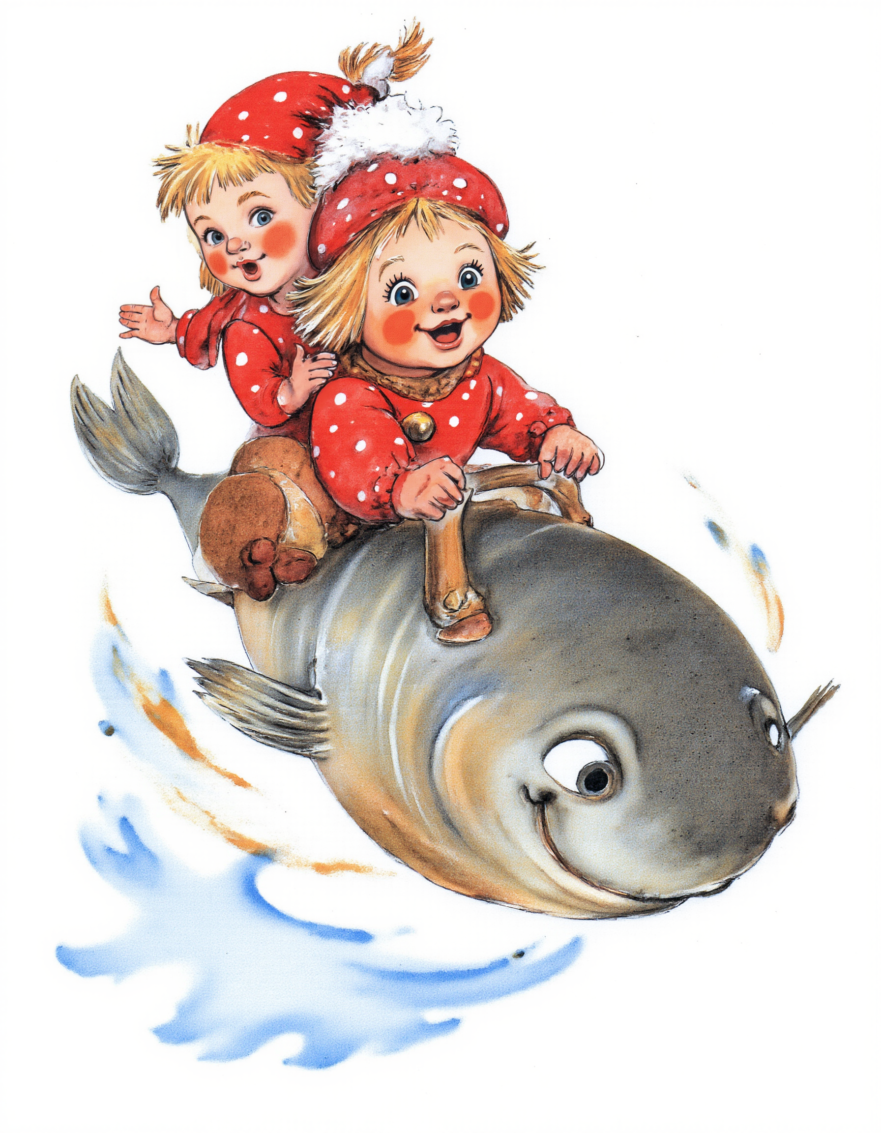 <lora:lv:1>, This image is a whimsical, hand-drawn illustration in a playful, cartoonish style. It features two children, one slightly older and one younger, riding on a large, gray fish. The older child, who is in the foreground, has a cheerful expression with wide eyes and rosy cheeks. They are dressed in a red outfit with white polka dots and a matching hat adorned with a red pom-pom. The younger child, positioned behind the older one, has light blonde hair and a similar joyful expression. They are also wearing a red outfit with white polka dots and a matching hat., 
The fish, which appears to be swimming, has a smooth, gray surface with a few fins visible. The background is minimalistic, with a few splashes of water and bubbles around the children, suggesting movement and a playful environment. The colors are vibrant and bold, with the reds and whites standing out against the gray and blue tones of the fish and water. The overall texture is soft and slightly grainy, typical of traditional watercolor painting. The illustration captures a sense of joy and adventure, with the children's expressions and the dynamic movement of the fish adding to the lively atmosphere.