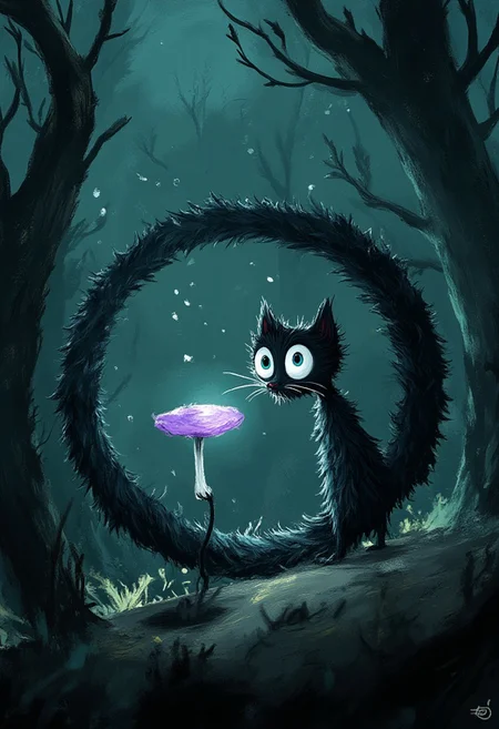 A whimsical illustration of a thin black cat with wild tattered fur in dark whimsical art style, coiled into an impossible spiral shape while contemplating a glowing purple mushroom, digital painting with mysterious brushstrokes showing shadows and light, dark forest background with distant lights, characteristic Tim Burton inspired design with enormous sapphire eyes holding ancient wisdom